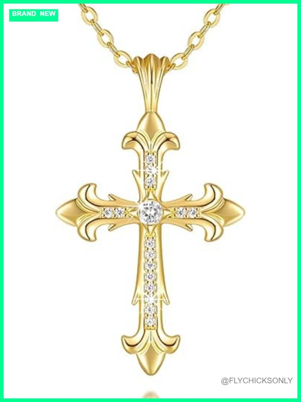 14k Gold Plated Cross Necklace CZ Baroque Pendant Cable Chain
